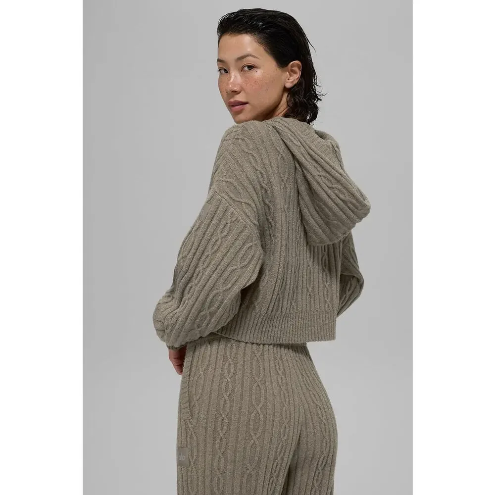NEW Alo Yoga Cable Knit Winter Bliss Hoodie Light Cocoa Cozy Luxe Cropped Soft M